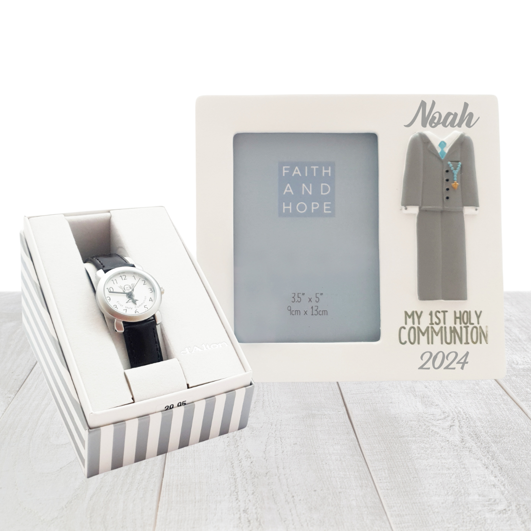 Personalised First Holy Communion Photo Frame & Silver Plated Communion Watch for Boys