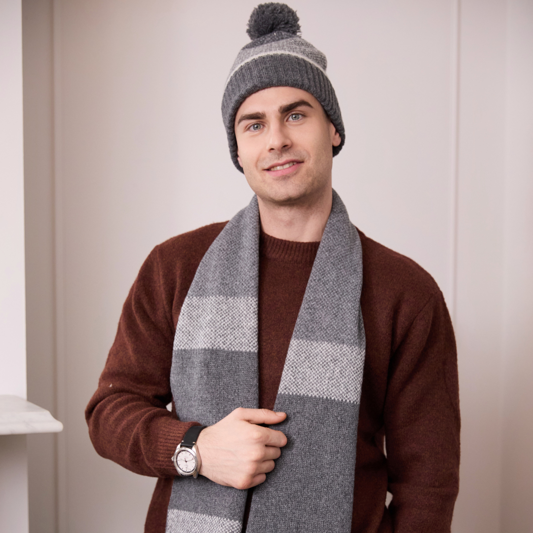 Men's Knitted Hat & Scarf Set in Gift Box - Grey | Male Hat and