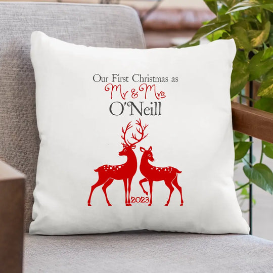 Personalised Christmas Cushion - Our 1st as Mr & Mrs - Reindeer