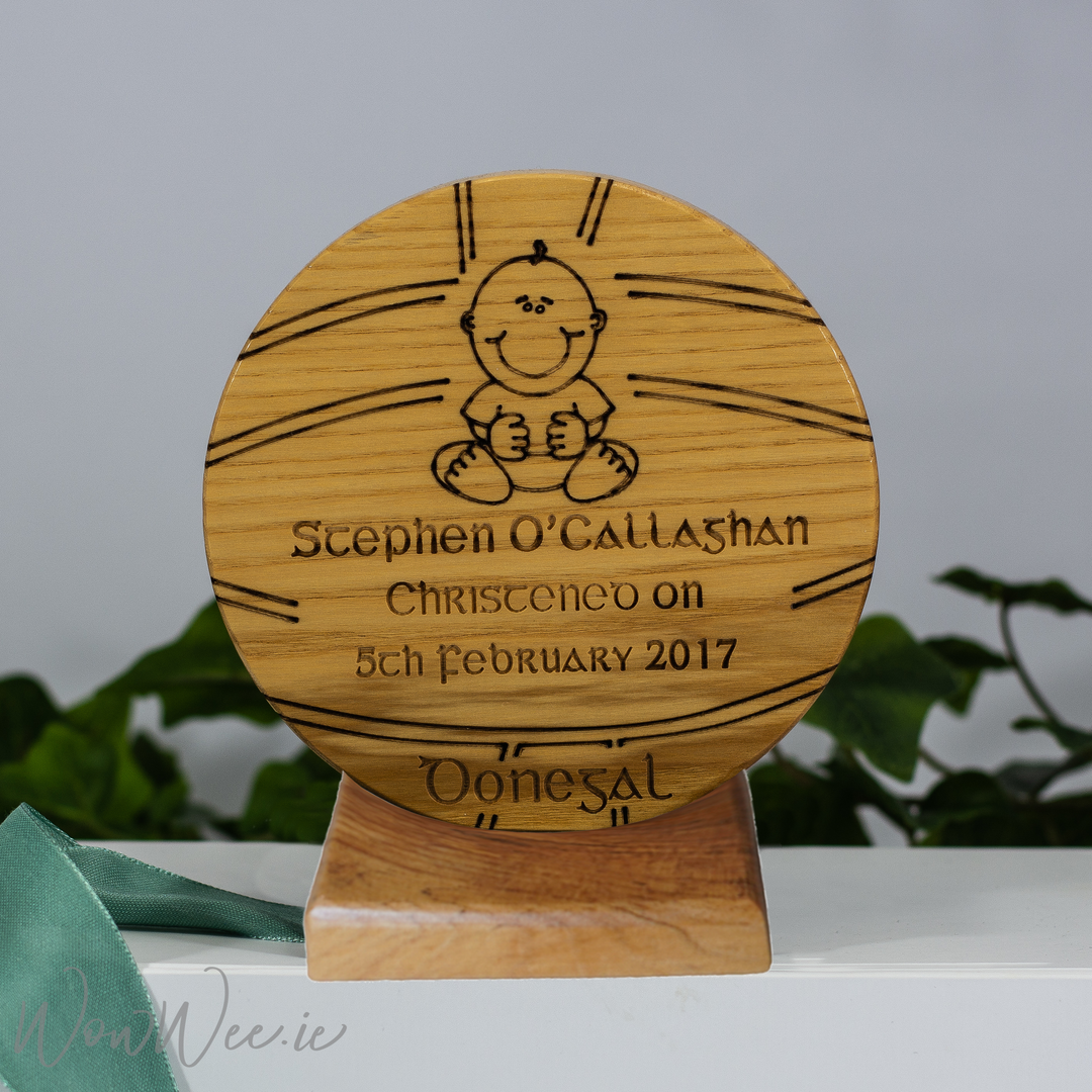 Personalised Christening Gaelic Football - Engraved Especially for your Baby - Wooden Base