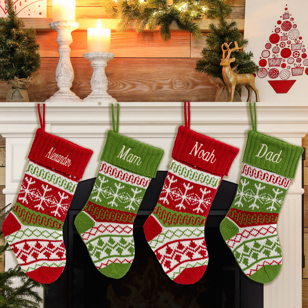 Personalised Christmas Stocking NEW - Traditional Knit Snowflake GREEN