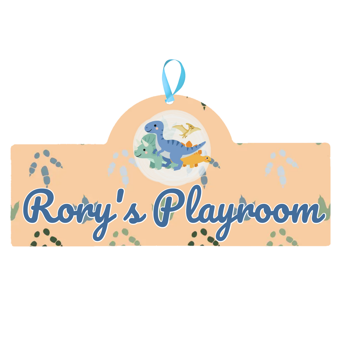 Children's door sign with dinosaur illustrations and 'Rory's Playroom' text on a peach background.