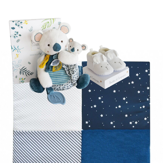 Personalised Signature DouDou Gift Set for Boys - Patchwork Quilt, Plush Toy & Baby Suede Shoes