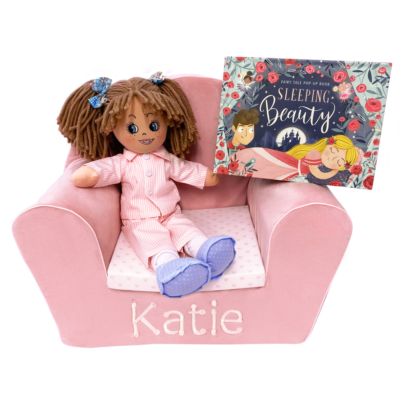 Personalised Rag Doll Gift Set - Velvet Chair, Ella Rose in her PJs & Book
