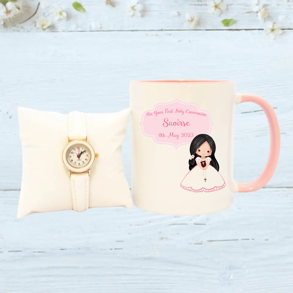 Personalised Communion Mug and Gold Communion Watch for Girls - Style 1