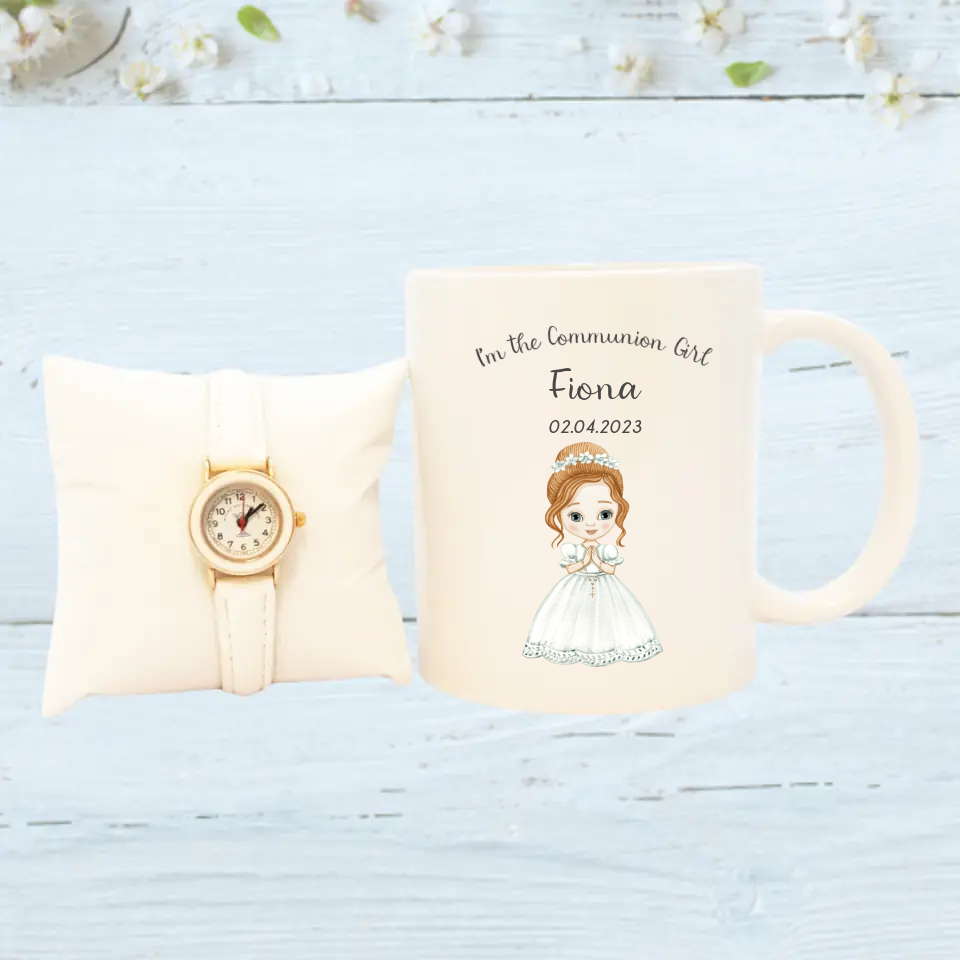 Personalised Communion Mug and Gold Communion Watch for Girls - Style 2