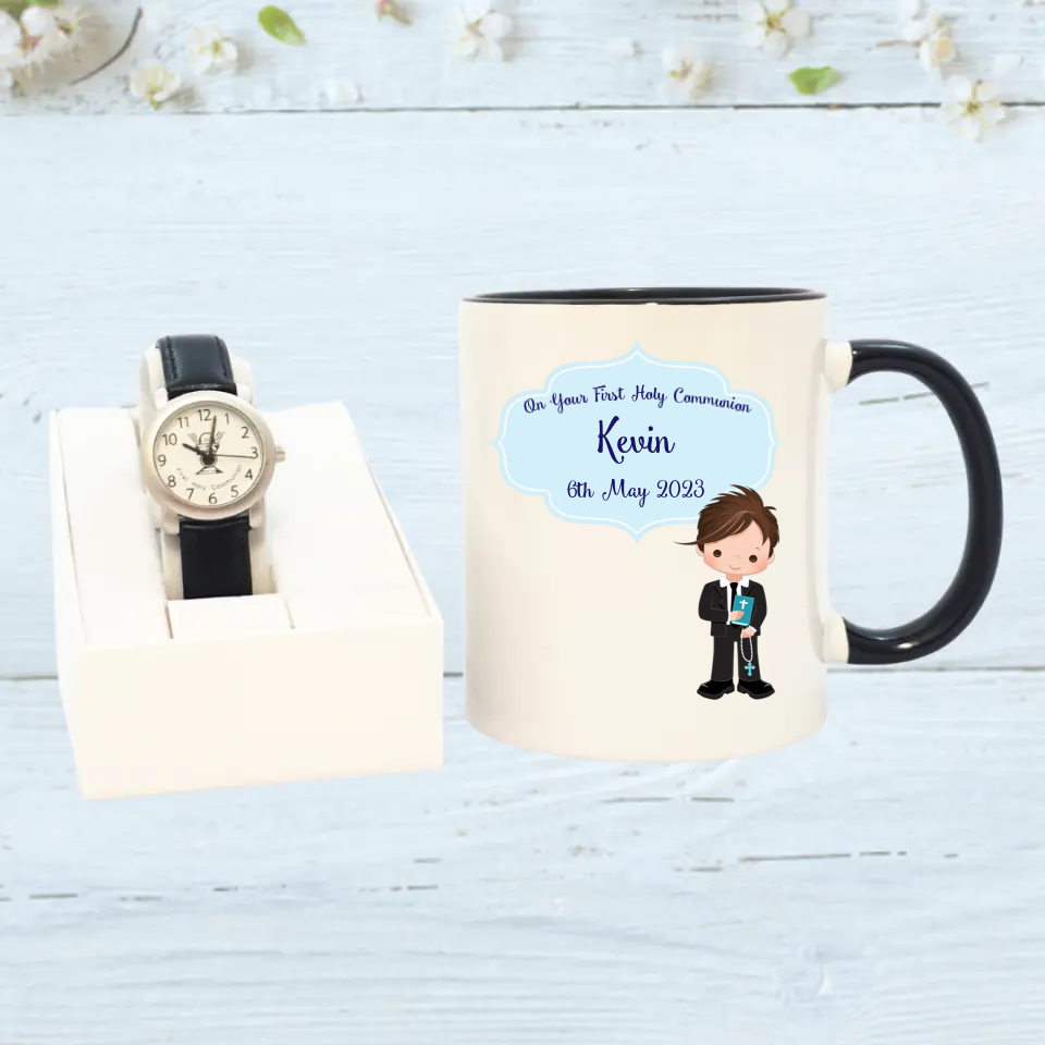 Personalised Communion Mug and Silver Plated Communion Watch for Boys - Style 1