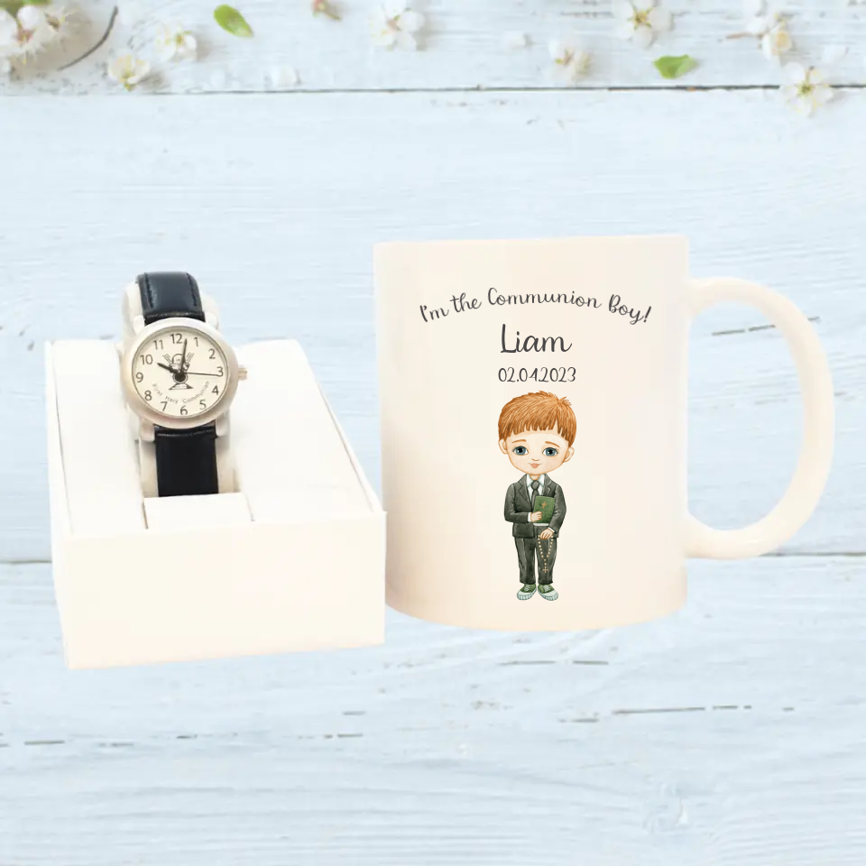 Personalised Communion Mug and Silver Plated Communion Watch for Boys - Style 2
