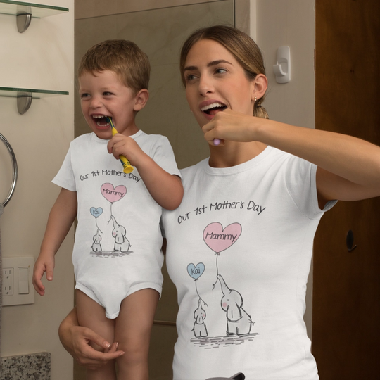 Personalised Mammy & Baby BOY Onesie & T-Shirt Set - Our First Mother's Day - NEW