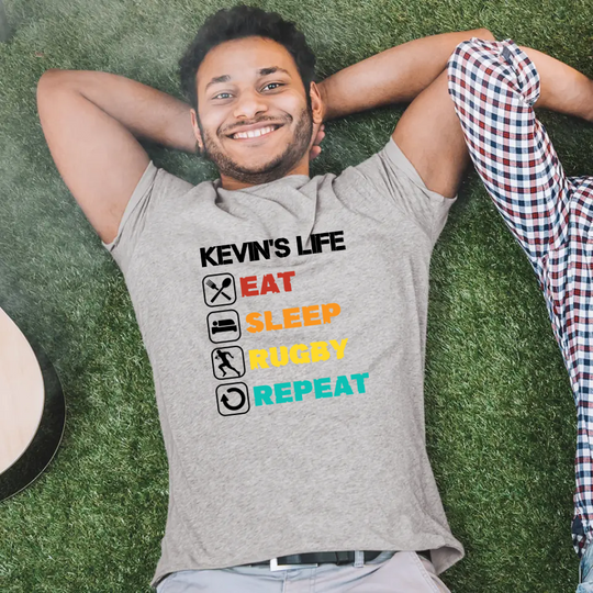 Personalised Rugby T-shirt for Men - Eat, Sleep, Rugby, Repeat - Limited Stock Available