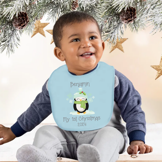 Personalised My First Christmas Bib for Boys - Penguin