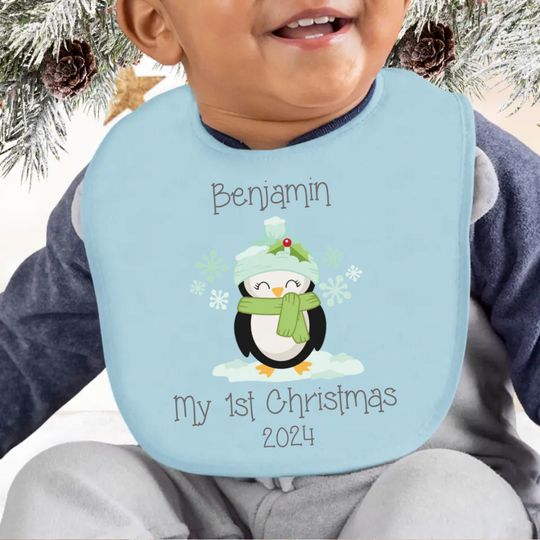 Personalised My First Christmas Bib for Boys - Penguin