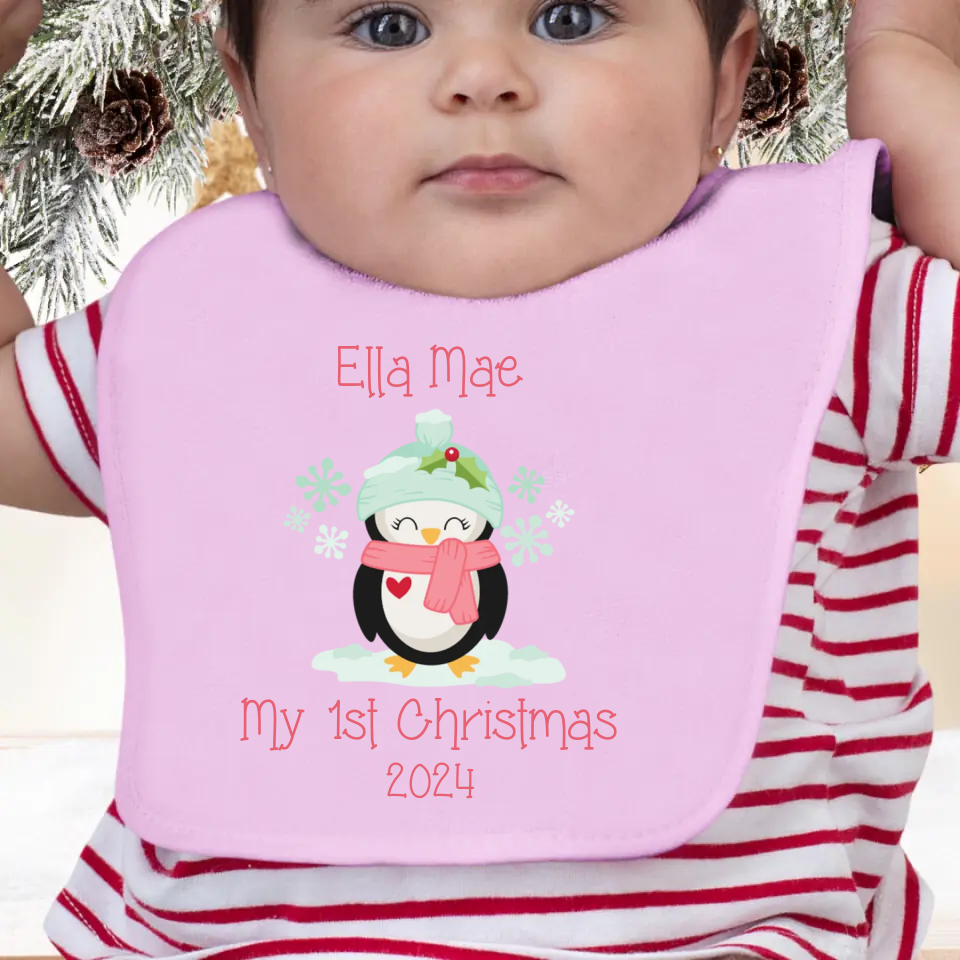 Personalised My First Christmas Bib for Girls - Penguin