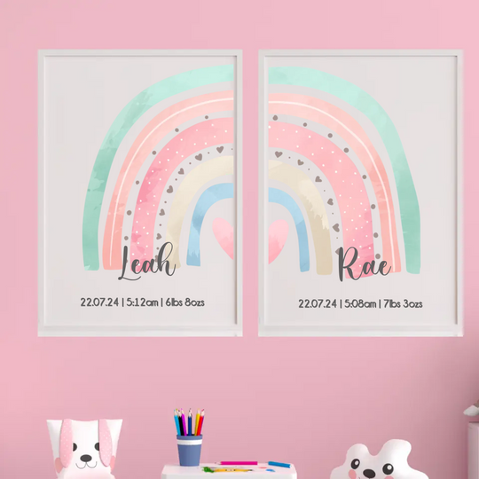 Personalised Rainbow Frame Set for Twins - Girl & Boy, Two Girls & Two Boys Options