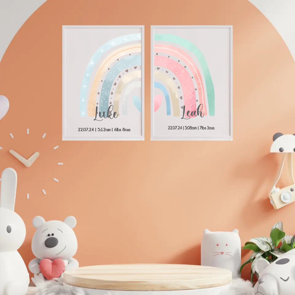 Personalised Rainbow Frame Set for Twins - Girl & Boy, Two Girls & Two Boys Options