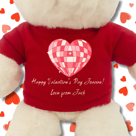 Personalised White Teddy Bear for Valentine's Day - Disco Heart