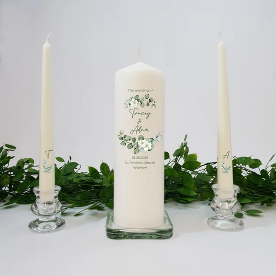 Personalised Wedding Candles Unity Set - Eucalyptus - with Candle Holders & Keepsake Pouch