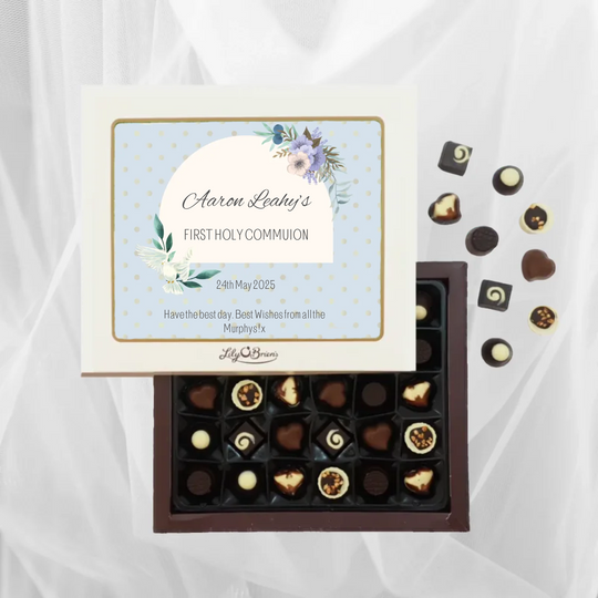 Personalised Box of Lily O’Brien’s Chocolates - Communion - Blue Polka Dots