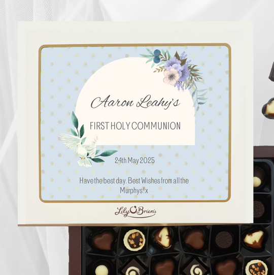 Personalised Box of Lily O’Brien’s Chocolates - Communion - Blue Polka Dots