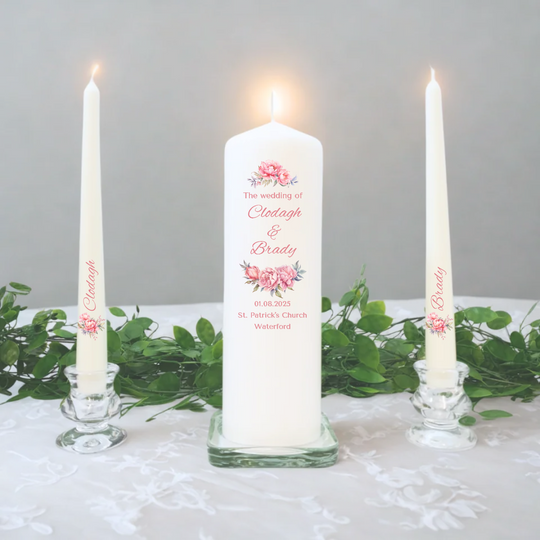 Personalised Wedding Candles Unity Set - Roses - with Candle Holders & Keepsake Pouch