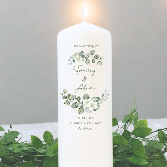 Personalised Wedding Candles Unity Set - Eucalyptus - with Candle Holders & Keepsake Pouch