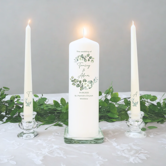 Personalised Wedding Candles Unity Set - Eucalyptus - with Candle Holders & Keepsake Pouch
