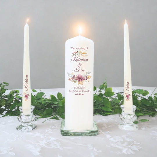 Personalised Wedding Candles Unity Set - Autumn Flowers - with Candle Holders & Keepsake Pouch