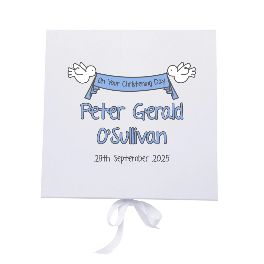 Personalised Christening Keepsake Box with Ribbon & Doves