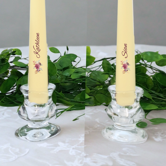 Personalised Wedding Candles Unity Set - Autumn Flowers - with Candle Holders & Keepsake Pouch