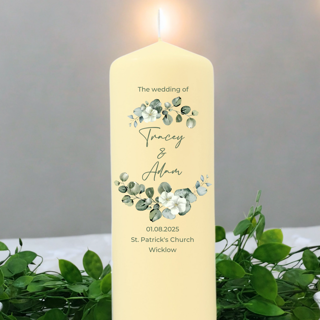 Personalised Wedding Candles Unity Set - Eucalyptus - with Candle Holders & Keepsake Pouch