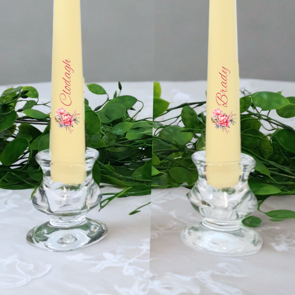 Personalised Wedding Candles Unity Set - Roses - with Candle Holders & Keepsake Pouch