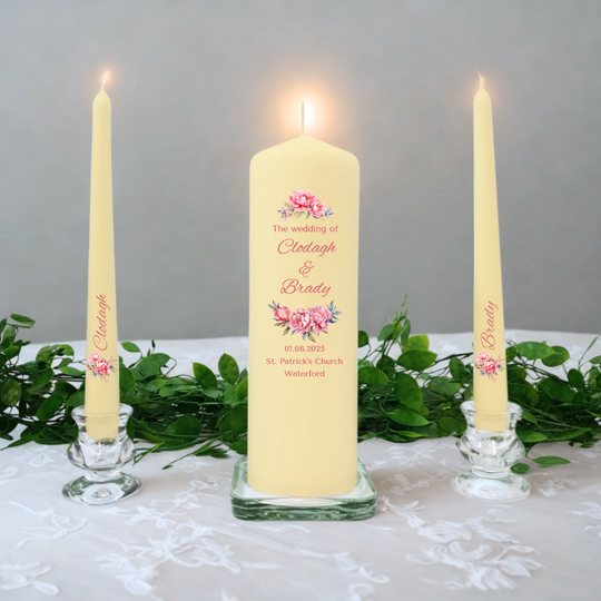 Personalised Wedding Candles Unity Set - Roses - with Candle Holders & Keepsake Pouch