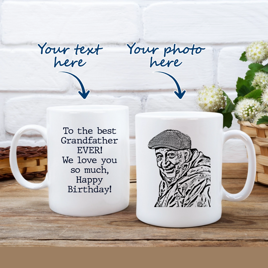 Personalised Mug for Any Occasion with Portrait Sketch Effect - Add Your Own Image & Text
