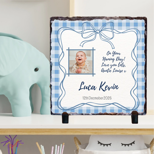 Personalised Naming Day Slate for Boys - Gingham Bow with Photo
