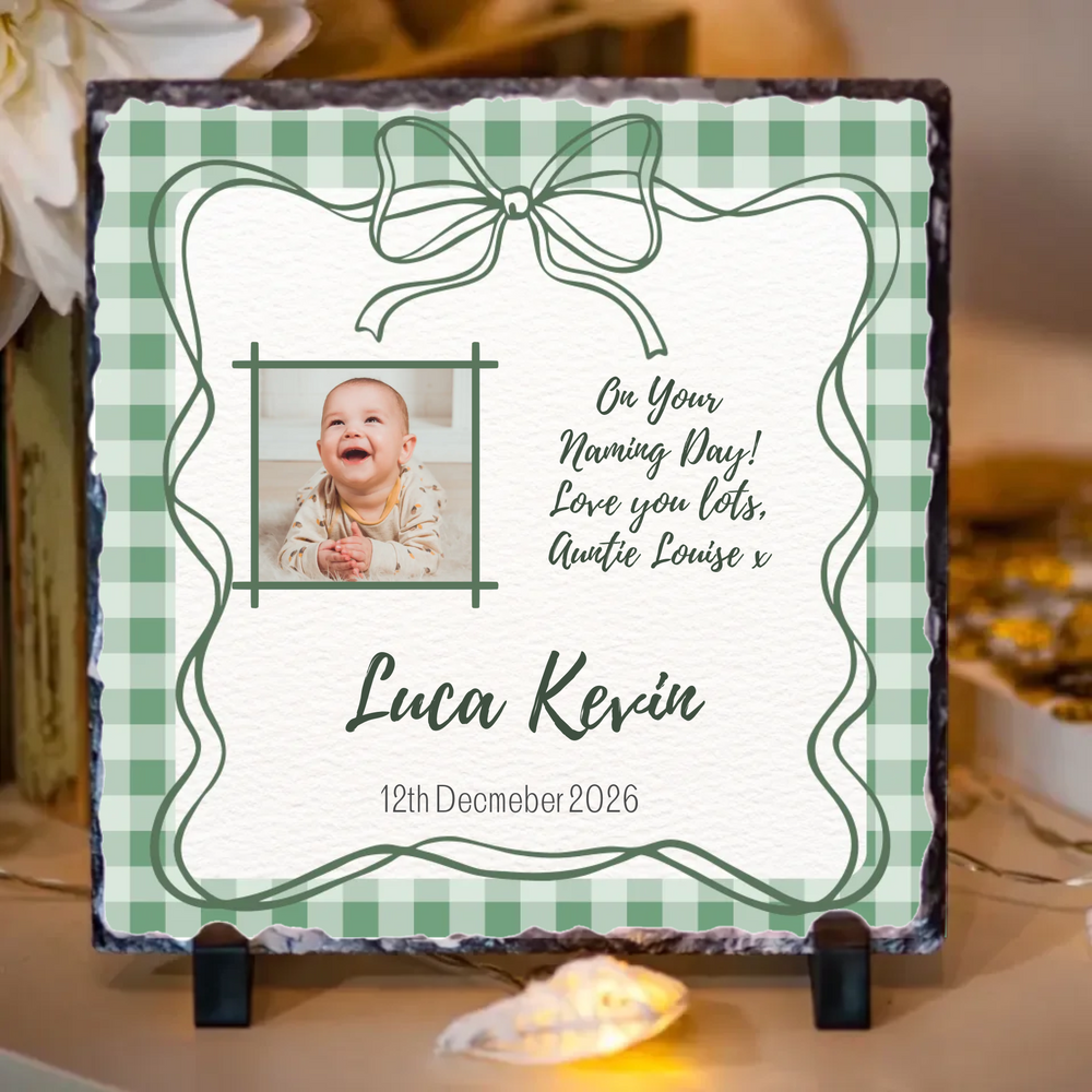 Personalised Naming Day Slate for Boys - Gingham Bow with Photo