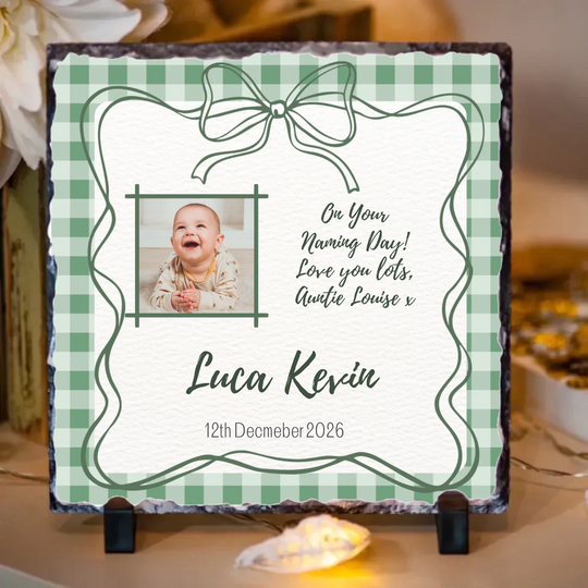 Personalised Naming Day Slate for Boys - Gingham Bow with Photo