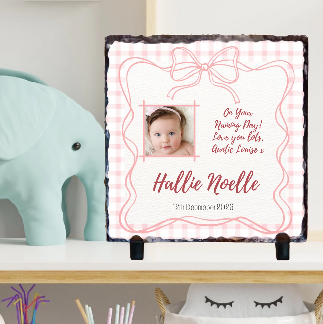 Personalised Naming Day Slate for Girls - Gingham Bow with Photo