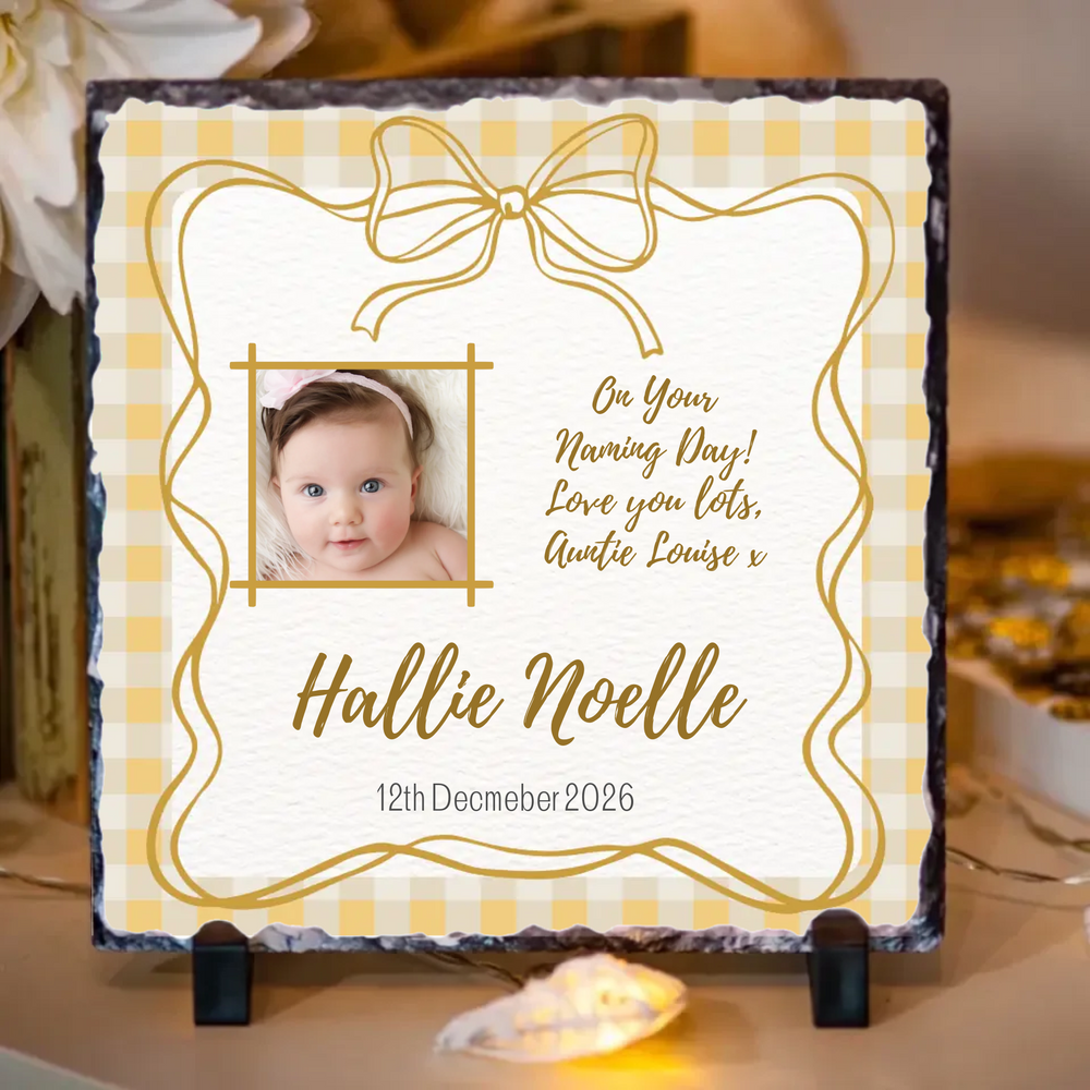 Personalised Naming Day Slate for Girls - Gingham Bow with Photo