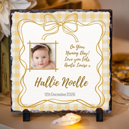 Personalised Naming Day Slate for Girls - Gingham Bow with Photo