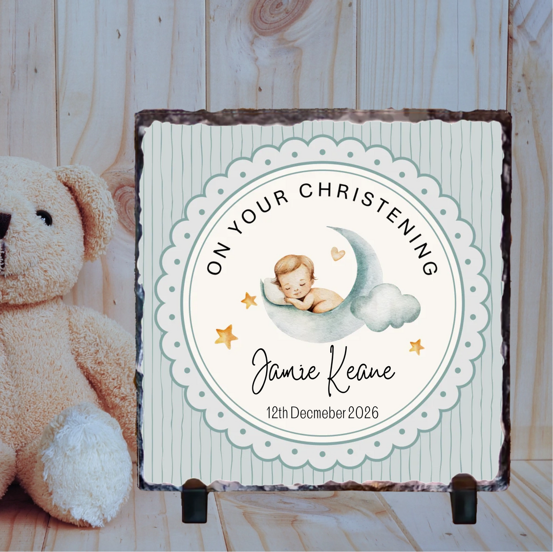 Personalised Christening Slate for Boys - Moon
