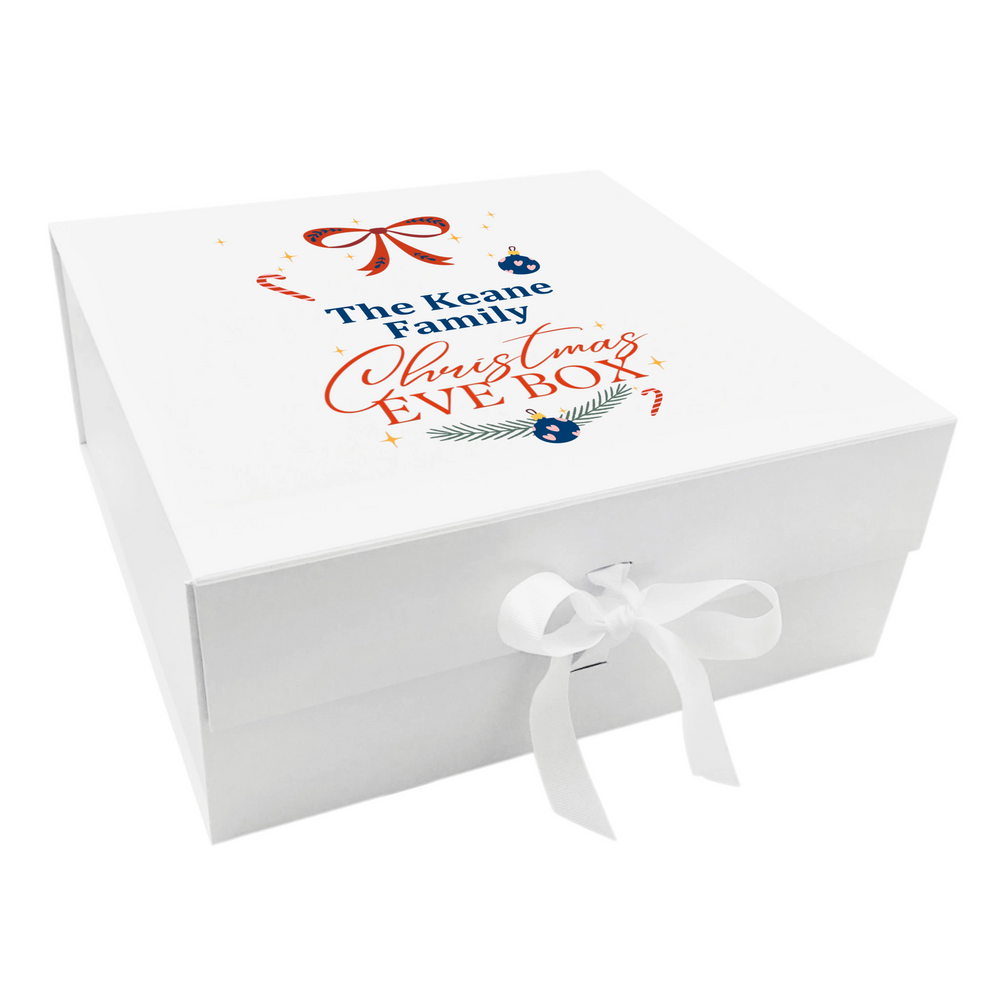 Personalised Family Christmas Eve Box filled with Festive Candle, Christmas Tree Skirt, Butler's Hot Chocolate & Pop-up Story Book