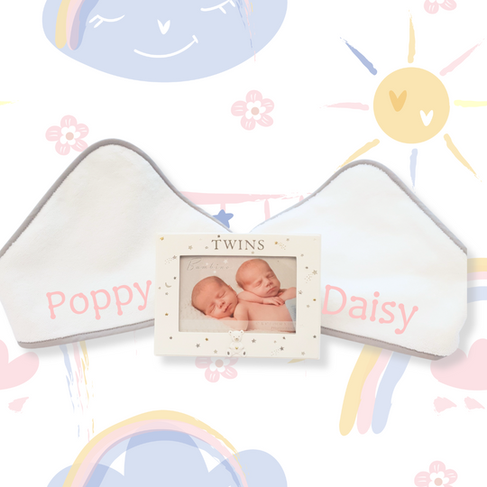 Personalised Twins Giftset - WowWee Hooded Baby Towels and Frame