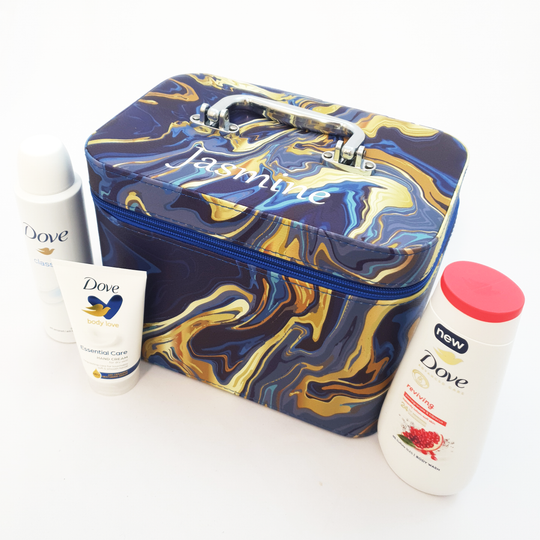 Personalised Vanity Case with Dove Gift Set - Blue & Gold Marble