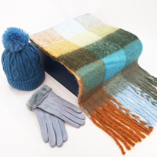 Ladies Scarf, Hat & Gloves in Luxury Gift Box - Blue & Copper