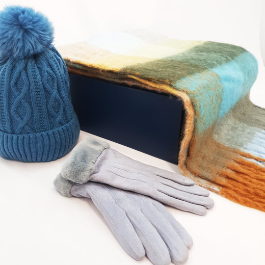 Ladies Scarf, Hat & Gloves in Luxury Gift Box - Blue & Copper