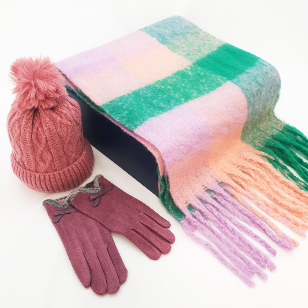 Ladies Scarf, Hat & Gloves in Luxury Gift Box - Pink & Green