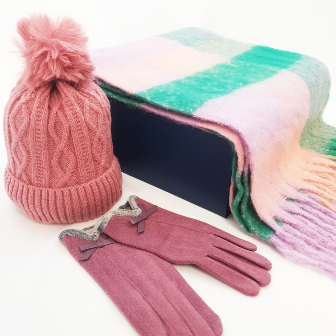 Ladies Scarf, Hat & Gloves in Luxury Gift Box - Pink & Green