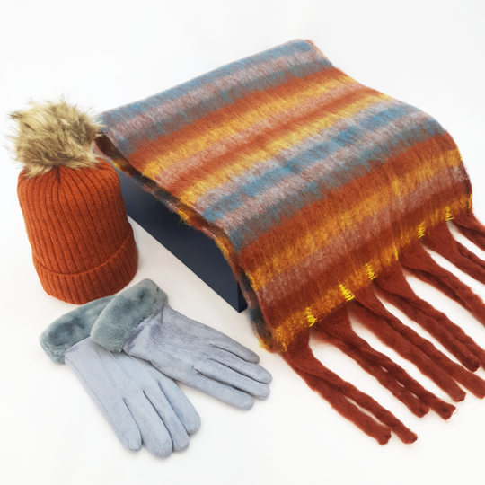 Ladies Scarf, Hat & Gloves in Luxury Gift Box - Rust & Grey