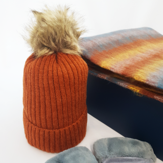 Ladies Scarf, Hat & Gloves in Luxury Gift Box - Rust & Grey