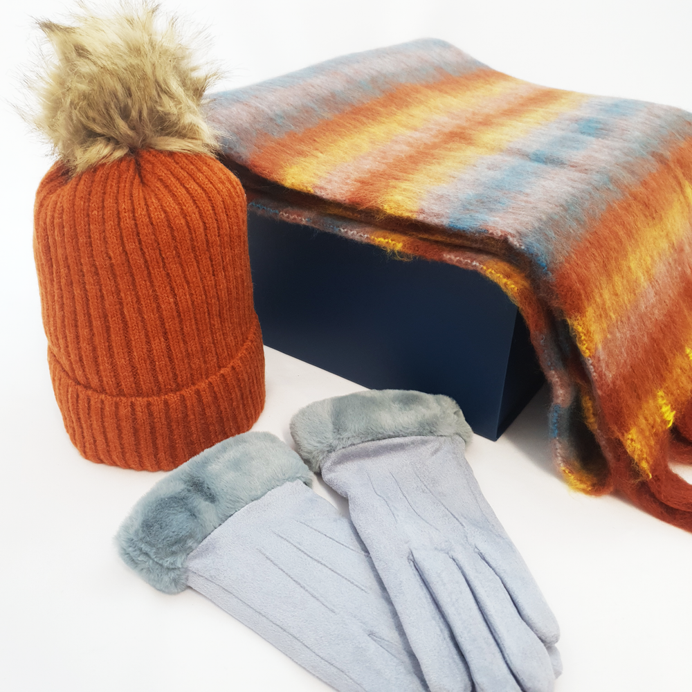 Ladies Scarf, Hat & Gloves in Luxury Gift Box - Rust & Grey